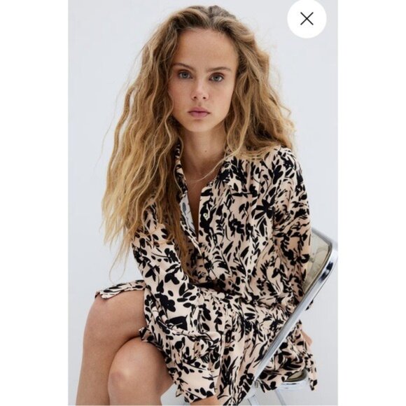 NWT H&M pink black floral print button front long sleeve shirt dress XS - Picture 2 of 12